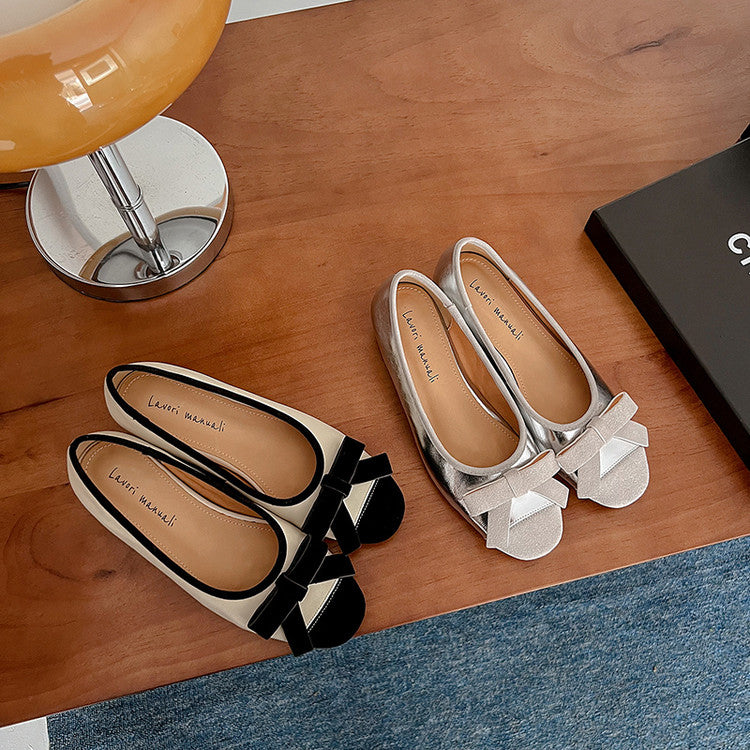 Karin Luna In Stock Spot Goods    Color Block Sweet Bowknot Hidden Wedge Shallow Mouth Flats