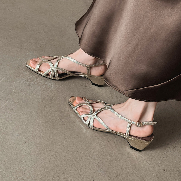 Karin Luna French Hollow Style Small Square Toe Chunky Heel Sandals
