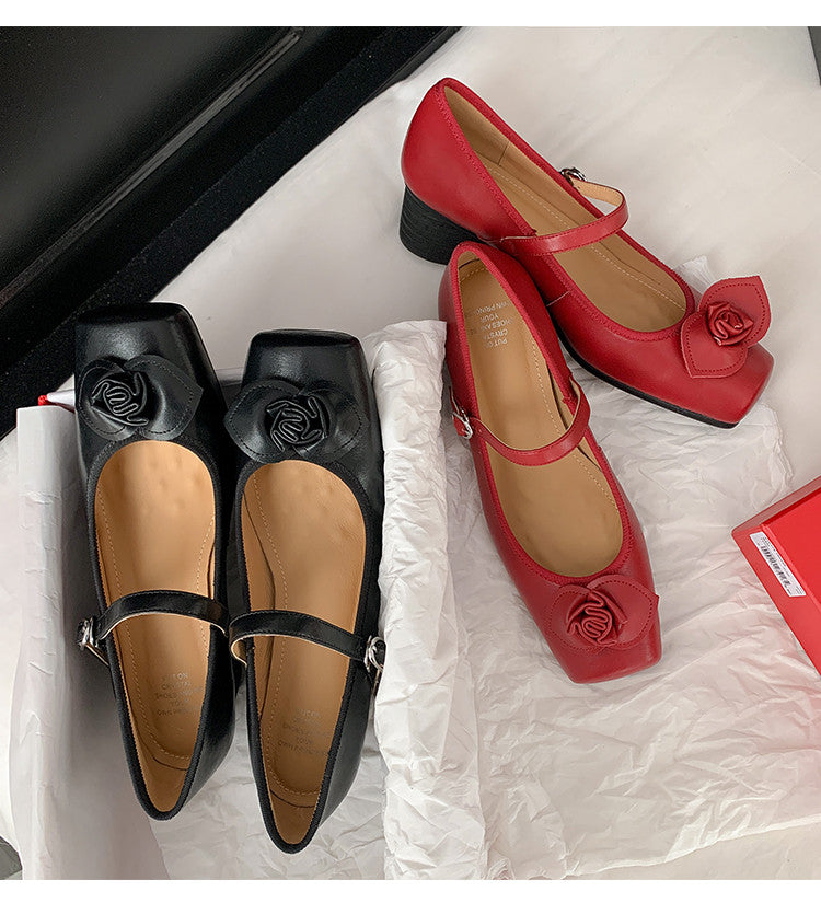 Karin Luna In Stock Spot Goods  Vintage Three-Dimensional Camellia Square-Toed Mary Jane Shoes