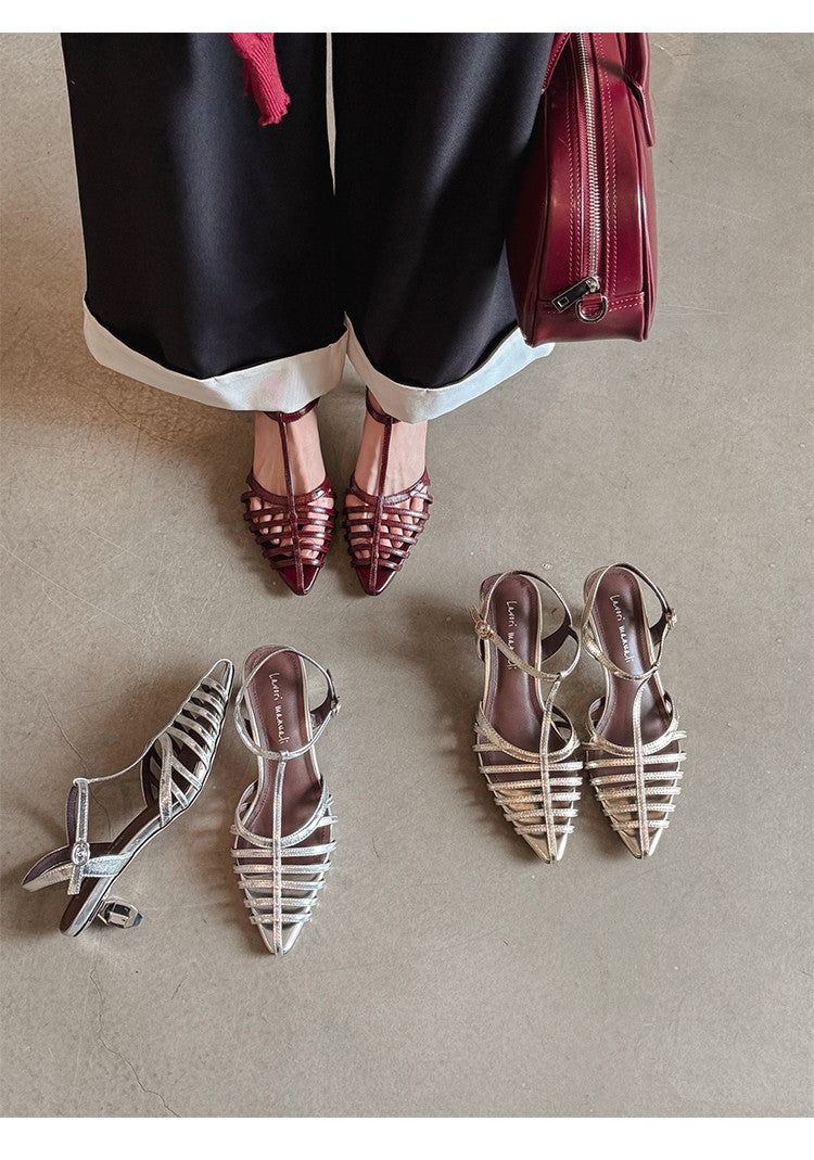 Karin Luna French Hollow Toe Metal Heel Elegant Sandals