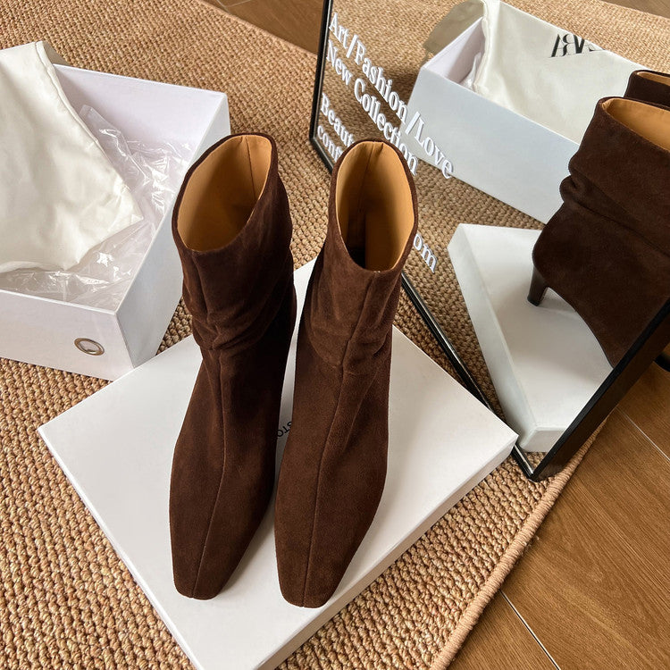 Karin Luna In Stock Spot Goods  Retro Wrinkled Small Square Toe Short Boots