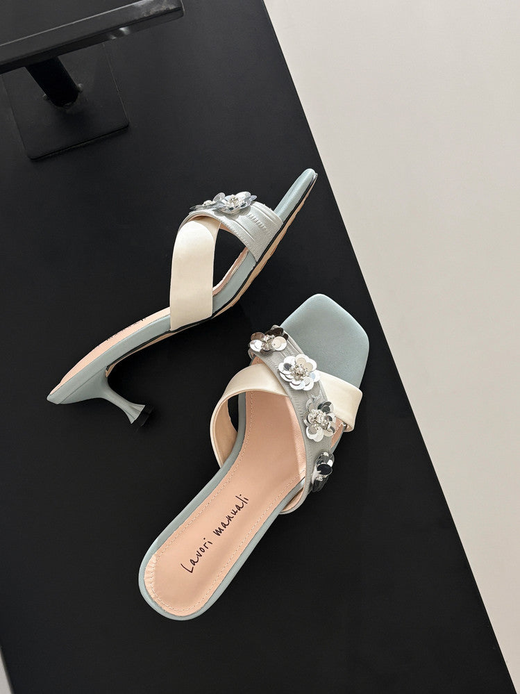 Karin Luna In Stock Spot Goods  Sequin Floral Cross Strap Square Toe Stiletto Slippers