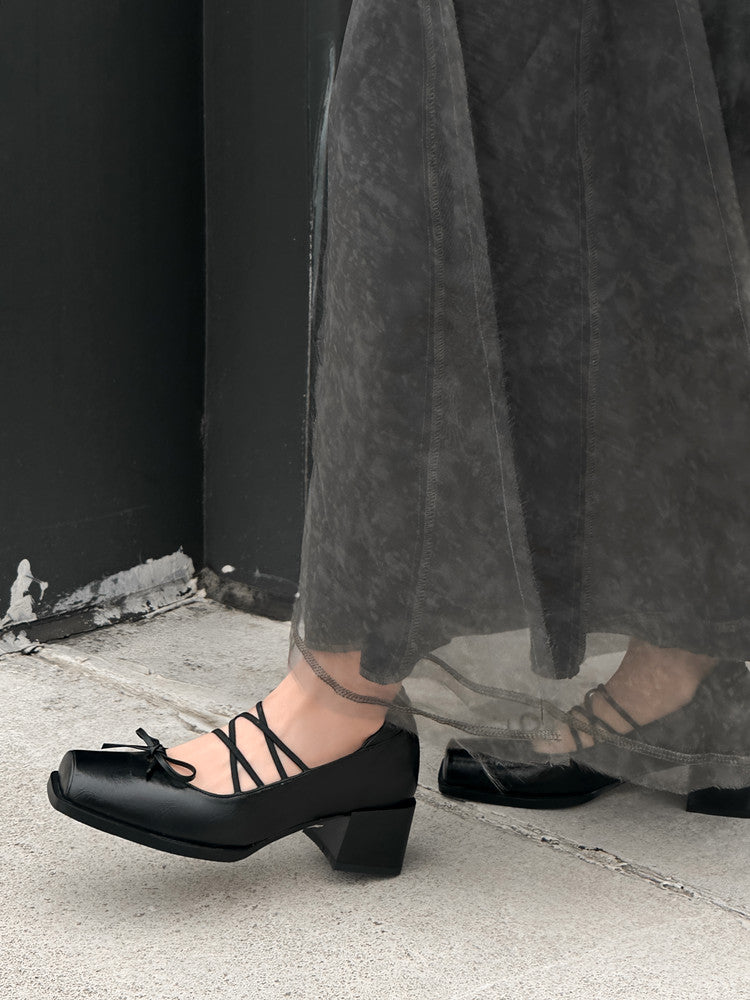 Karin Luna In Stock Spot Goods  Popular Self-flowing Bowknot Square Toe Chunky Heel Single Shoes