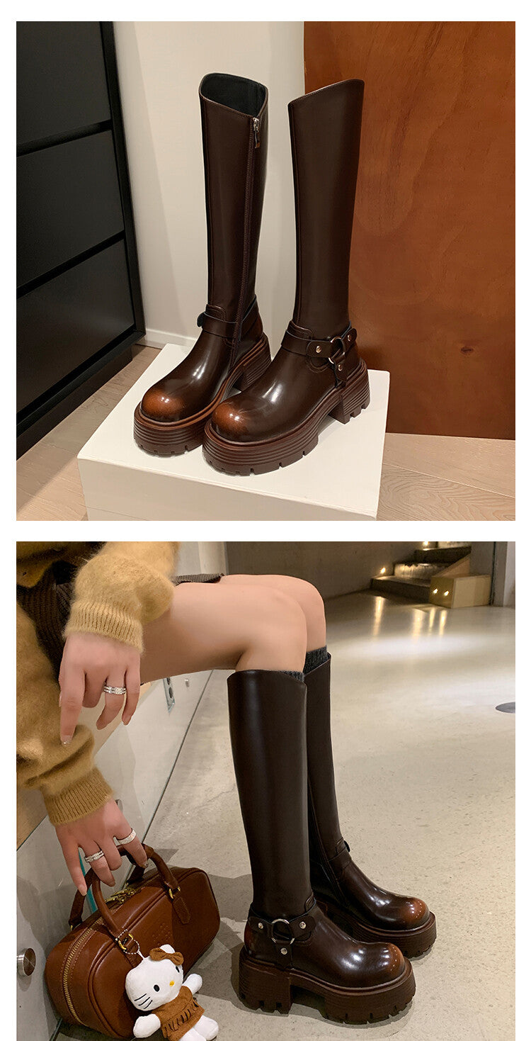 Karin Luna In Stock In Stock Slimming Diagonal Cut Tube Top  Best-selling in stock Retro Metal Buckle Thick-Soled Long Boots