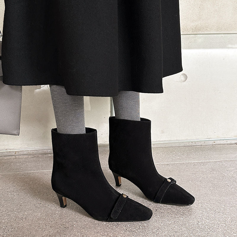 Karin Luna Elegant Style Small Square Toe Belt Buckle Thin Heel Short Boots