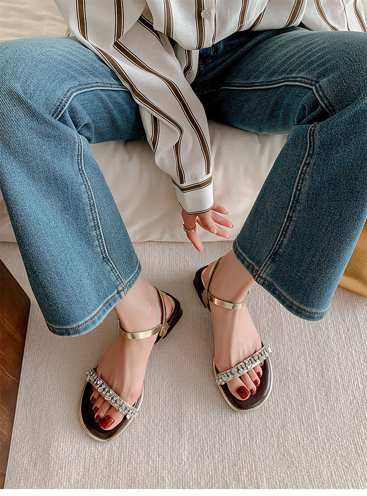 Karin Luna In Stock In Stock  Rhinestone Strap Round Toe Chunky Heel Sandals