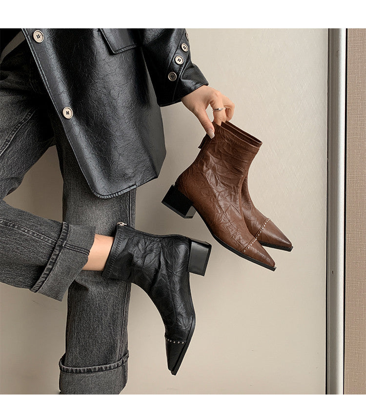 Karin Luna In Stock In Stock Slim Boots Series~Pointed Toe Rivet Slim Short Boots