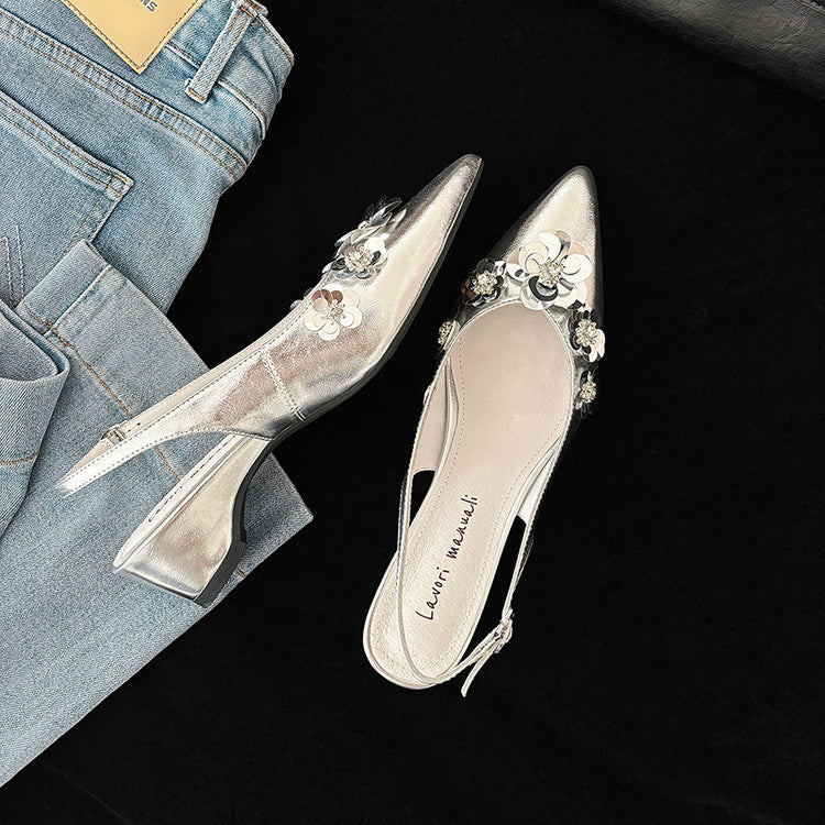 Karin Luna In Stock In Stock  Sequin Floral Pointed Toe Chunky Heel Closed-Toe Sandals