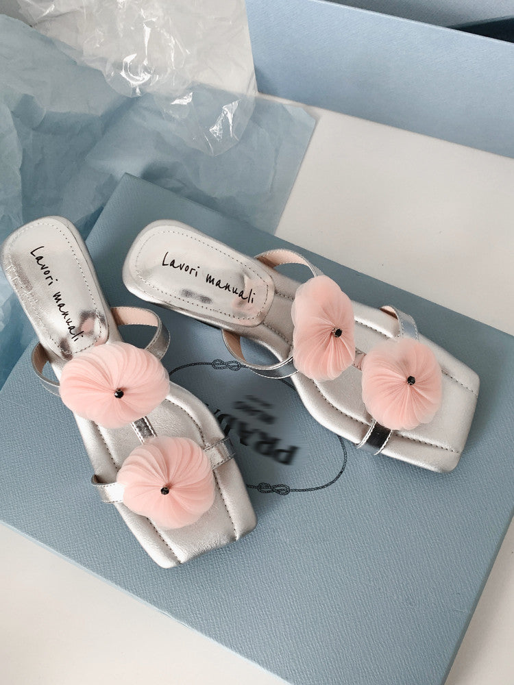 Karin Luna Hot-Selling Floral Square Toe Irregular Heel Floral Slippers