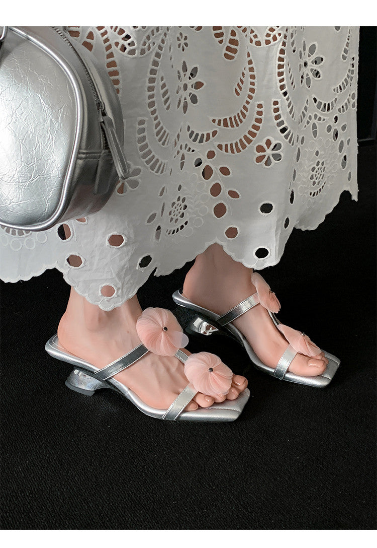 Karin Luna Hot-Selling Floral Square Toe Irregular Heel Floral Slippers