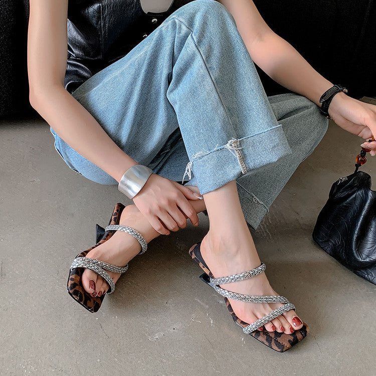 Karin Luna In Stock Spot Goods  Rhinestone One-Strap Irregular Heel Square-Toe Slippers