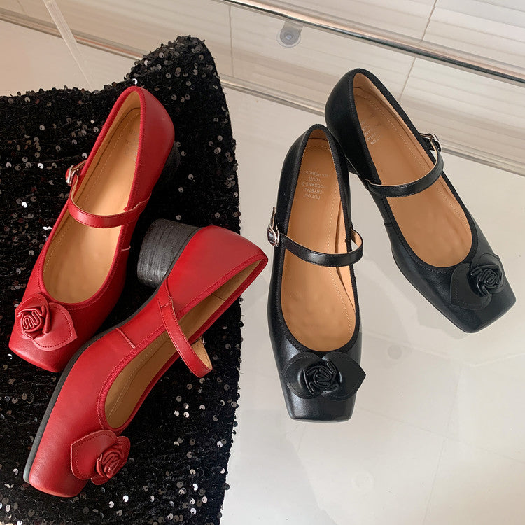 Karin Luna In Stock Spot Goods  Vintage Three-Dimensional Camellia Square-Toed Mary Jane Shoes