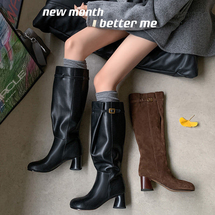 Karin Luna In Stock In Stock Mango Head Large Tube Belt Buckle Chunky Heel Long Boots