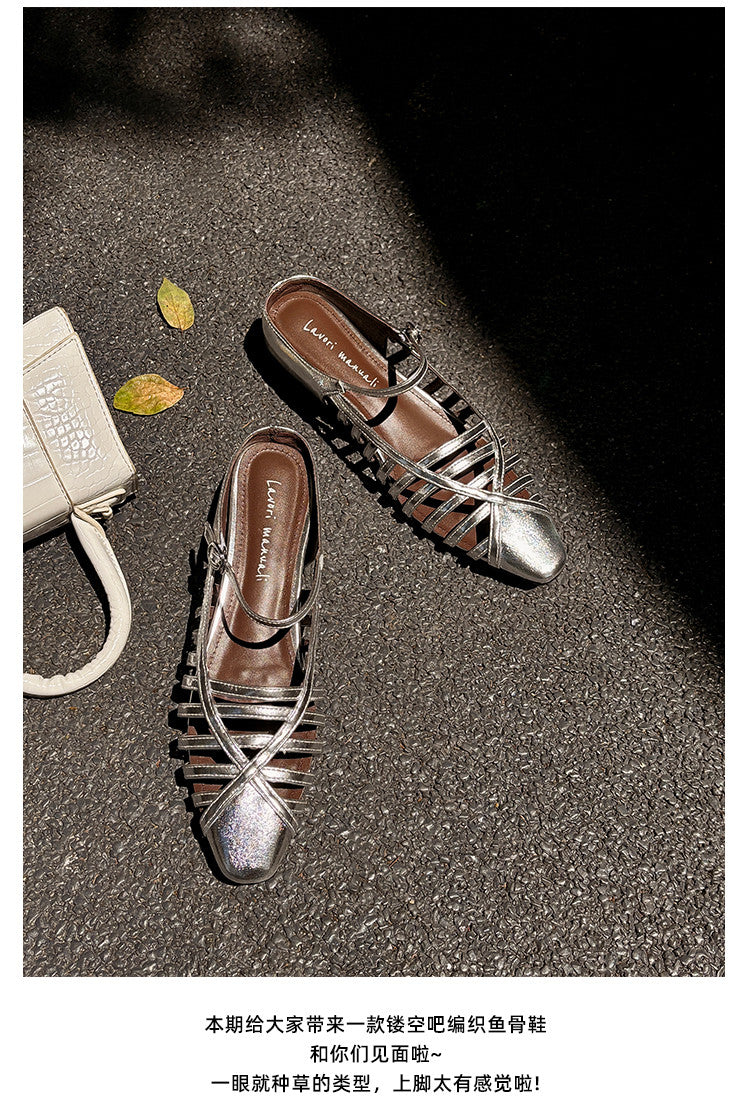 Karin Luna In Stock Spot Goods   French Retro Hollow Small Square Toe One-Strap Slippers
