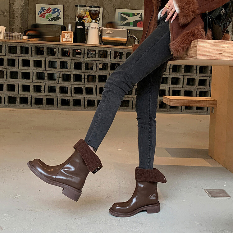 Karin Luna Classic Basic Style   Convertible Foldable Hidden Buckle Snow Fur Shoes Full cowhide Basic Flat Short Boots