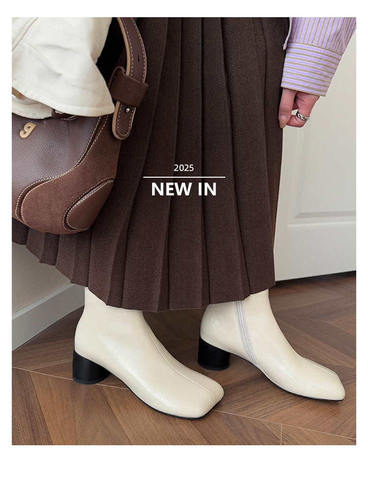 Karin Luna French Style Square Toe Chunky Heel Ankle Boots