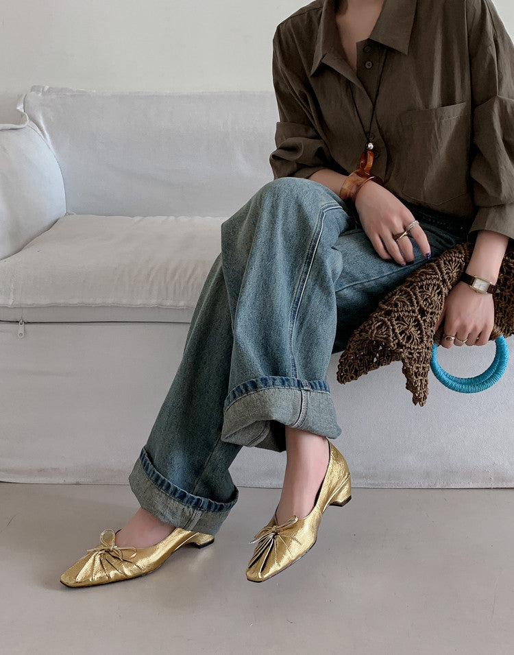 Karin Luna French Style Wrinkled Square Toe Height-Increasing Flats