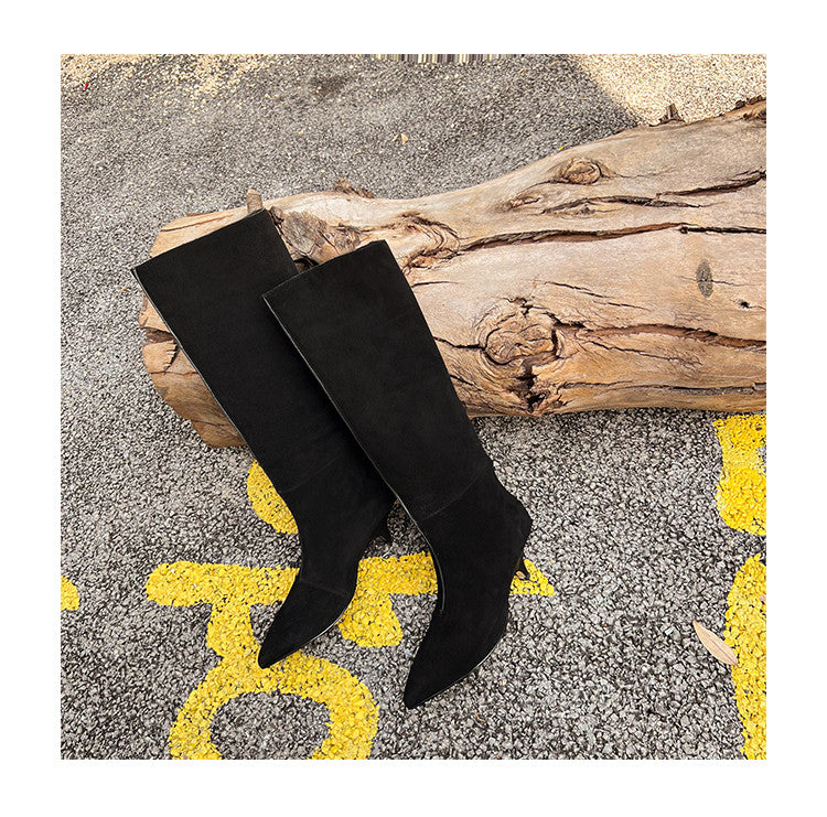 Karin Luna In Stock Spot Goods Retro Cowhide Pointed Toe Stiletto Elegant Long Boots