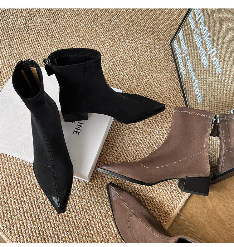 Karin Luna In Stock In Stock Elastic Slim Pointed Toe Chunky Heel Basic Ankle Boots