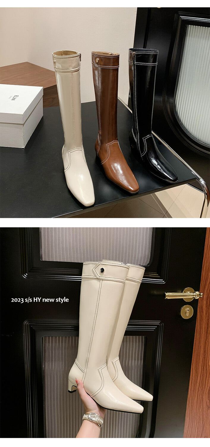 Karin Luna In Stock Spot Goods  Vintage Open Stitch Small Square Toe High Heel Side Zipper Riding Boots