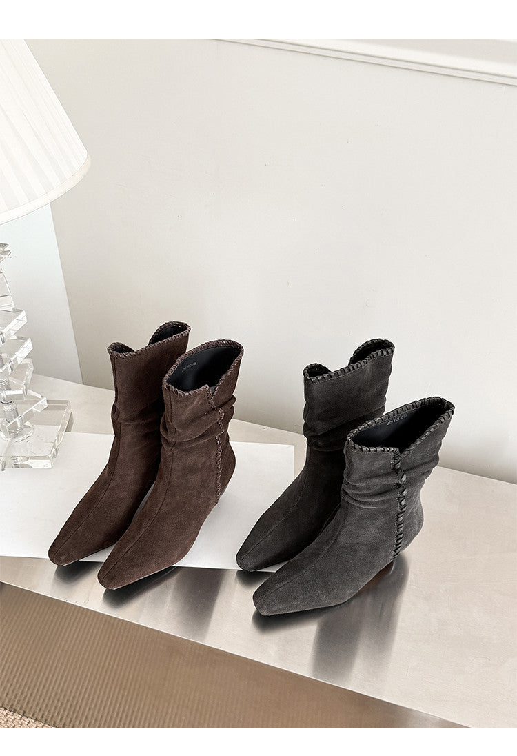 Karin Luna Small Square Toe Retro Ruched Pile Short Boots