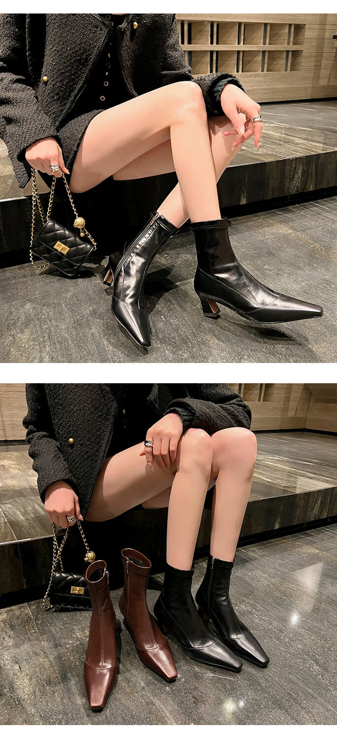 Karin Luna Elegant Small Square Toe Chunky Heel Slim Boots