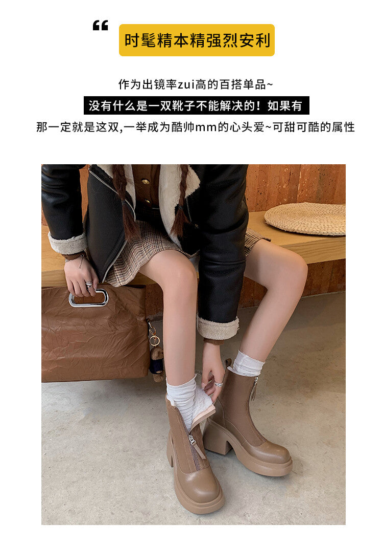 Karin Luna Basic Bestseller Timeless Thick Fur Lined Round Toe Thick Sole Cowhide Snow Boots