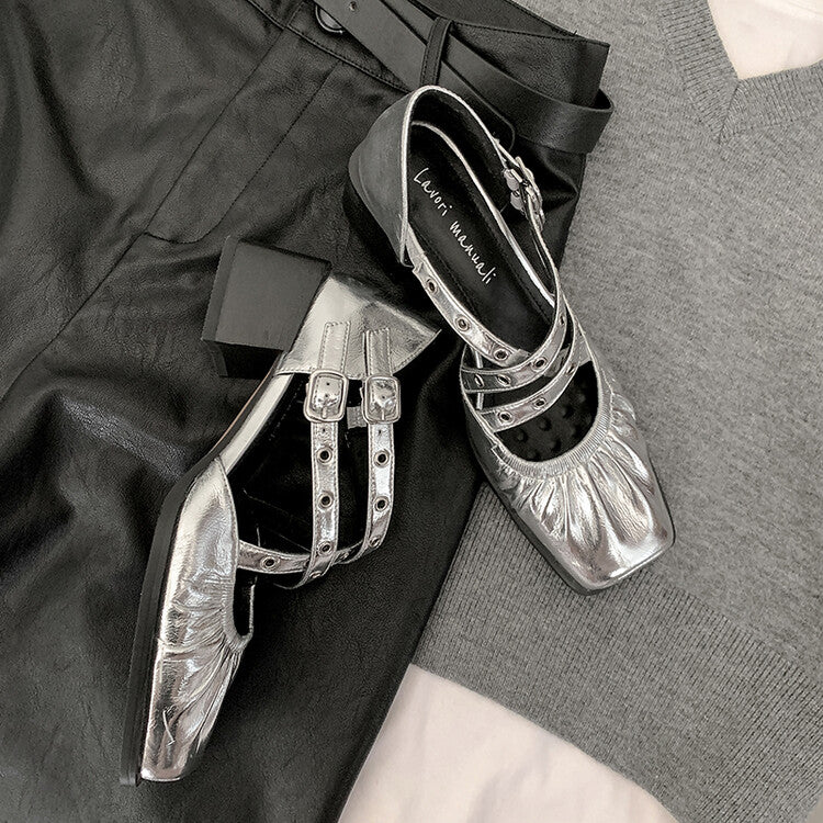 Karin Luna In Stock Spot Goods First Layer Sheepskin Cross Strap Rivet Square Toe Mary Jane Sandals