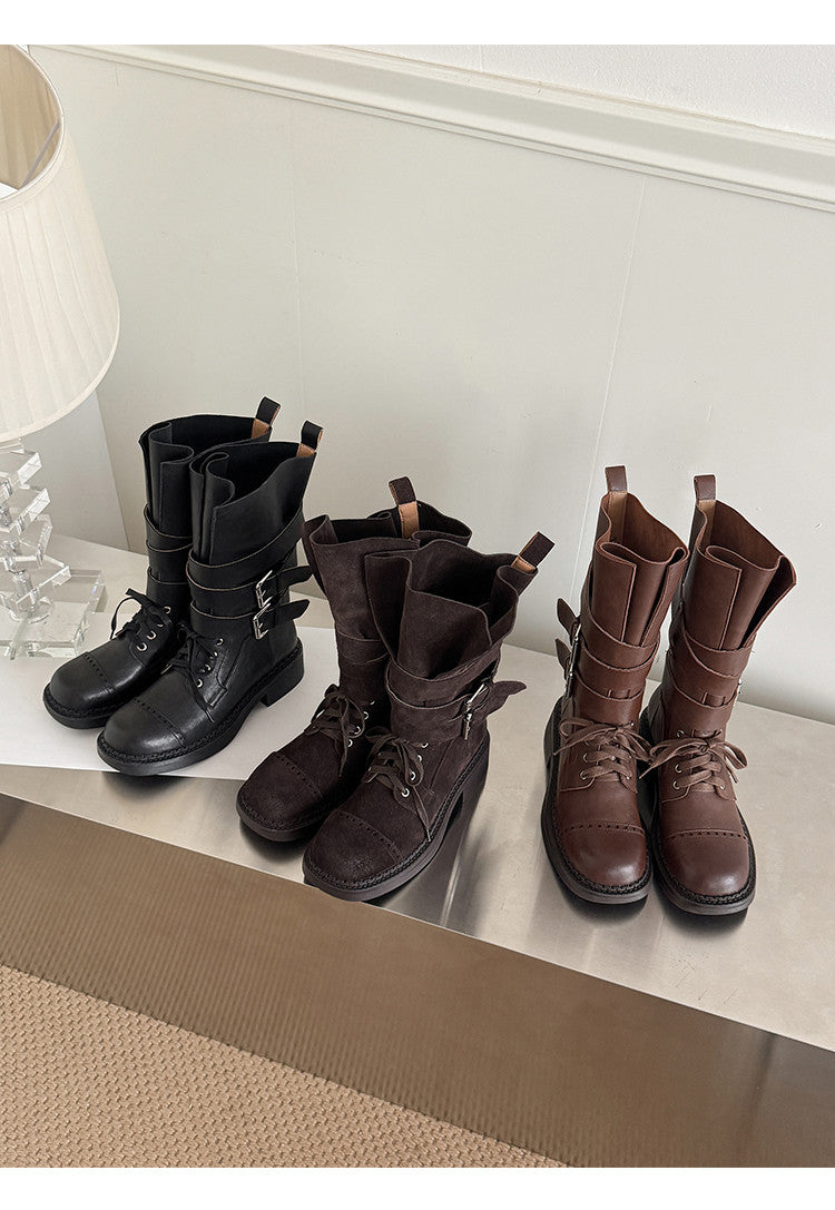 Karin Luna Bestseller Hot-Selling Large Tube Leather Belt Buckle Round Toe Thick-Soled Short Boots