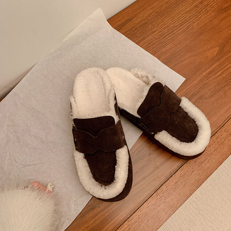 Karin Luna In Stock Look~This is such thick lamb wool Winter Atmosphere！Cowhide Leather Lamb Wool Round Toe Flat Sole Half Support！