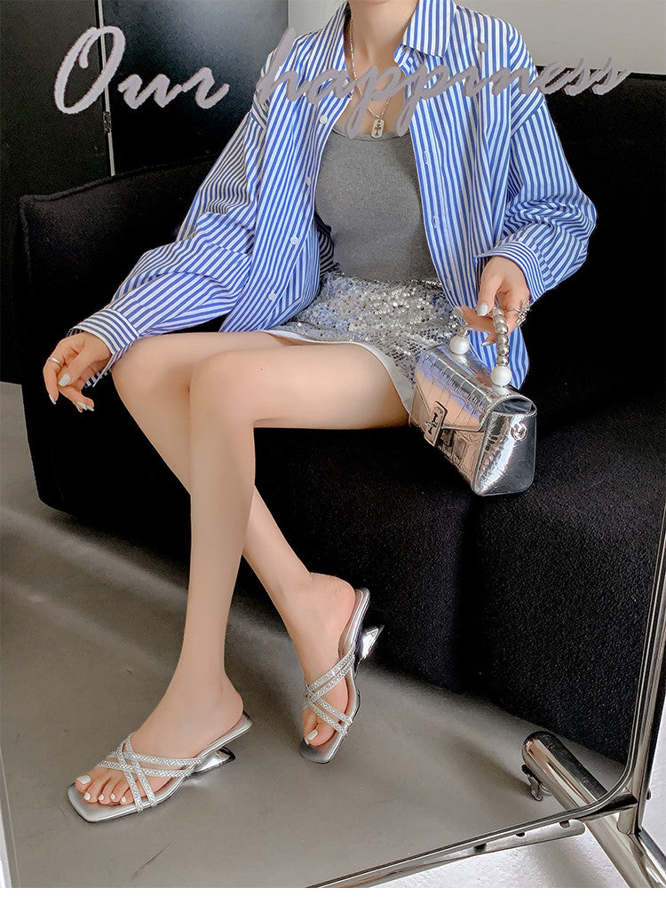 Karin Luna In Stock Spot Goods  Rhinestone Cross Strap Square Toe High Heel Slippers