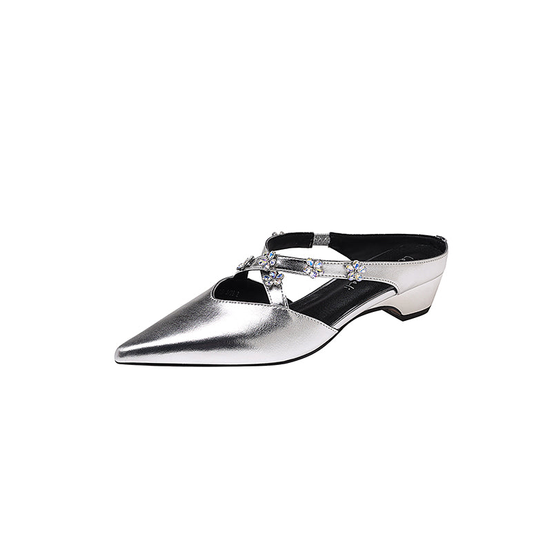 Karin Luna Elegant Pointed Toe Rhinestone Flower High Heel Mules
