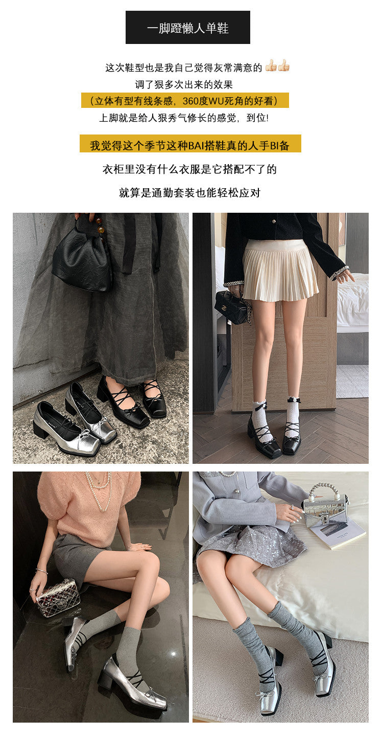 Karin Luna In Stock Spot Goods  Popular Self-flowing Bowknot Square Toe Chunky Heel Single Shoes