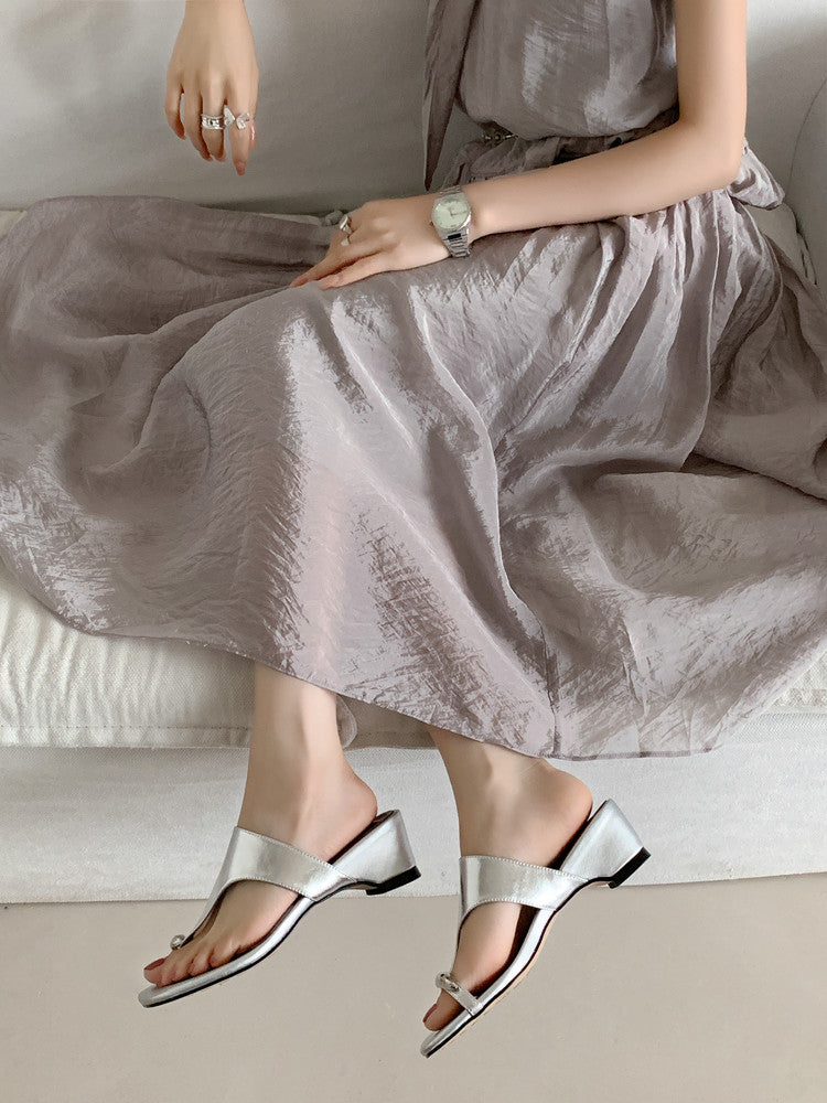 Karin Luna In Stock Spot Goods Clip-toe Square Toe Metal Buckle Minimalist Slippers