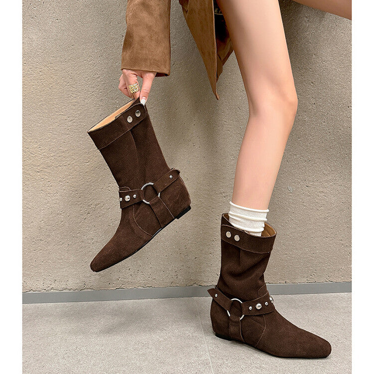 Karin Luna has prepared stock  Hot-Selling Retro Pointed Toe Wedge Metal Buckle High Tube Western Boots