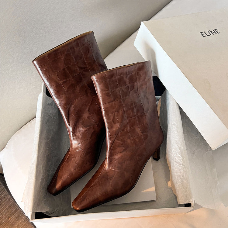 Karin Luna In Stock Spot Goods Top Layer Stone Pattern Cowhide Textured Small Square Toe Straight Short Boots