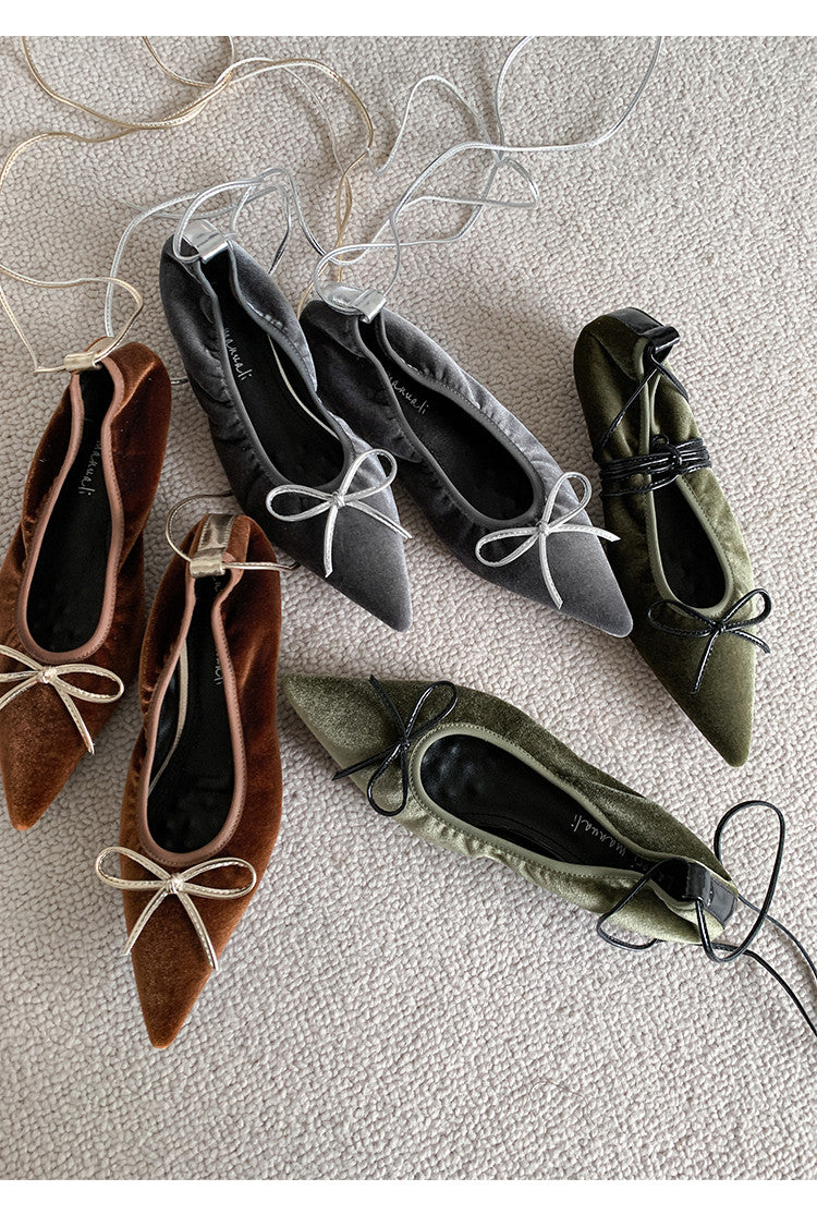 Karin Luna In Stock In Stock Retro Velvet Pointed Toe Bowknot Single Shoes