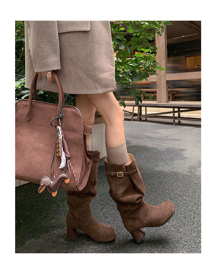Karin Luna In Stock In Stock Mango Head Large Tube Belt Buckle Chunky Heel Long Boots