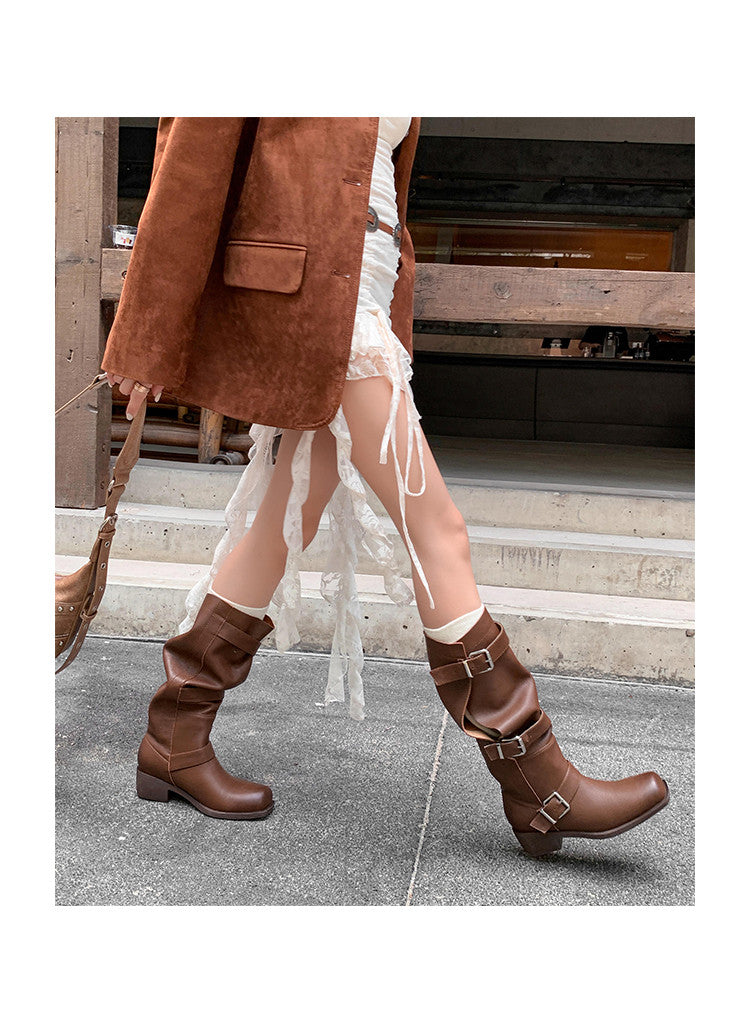 Karin Luna In Stock In Stock European and American Style Square Toe Thick Sole Belt Buckle Long Boots