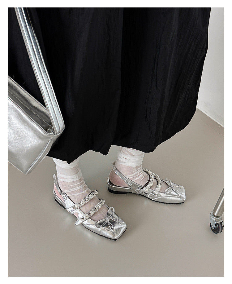 Karin Luna In Stock In Stock  Square Toe Bowknot Pearl Strap Closed-Toe Sandals