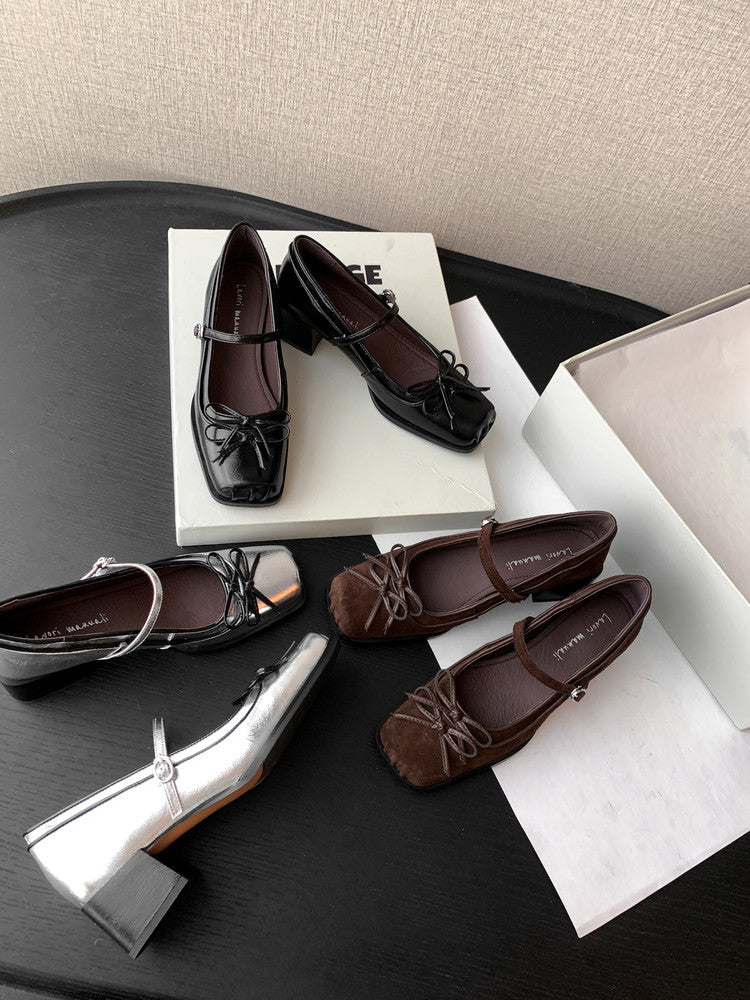 Karin Luna In Stock Spot Goods   One-strap Bowknot Square Toe Chunky Heel Mary Jane Shoes