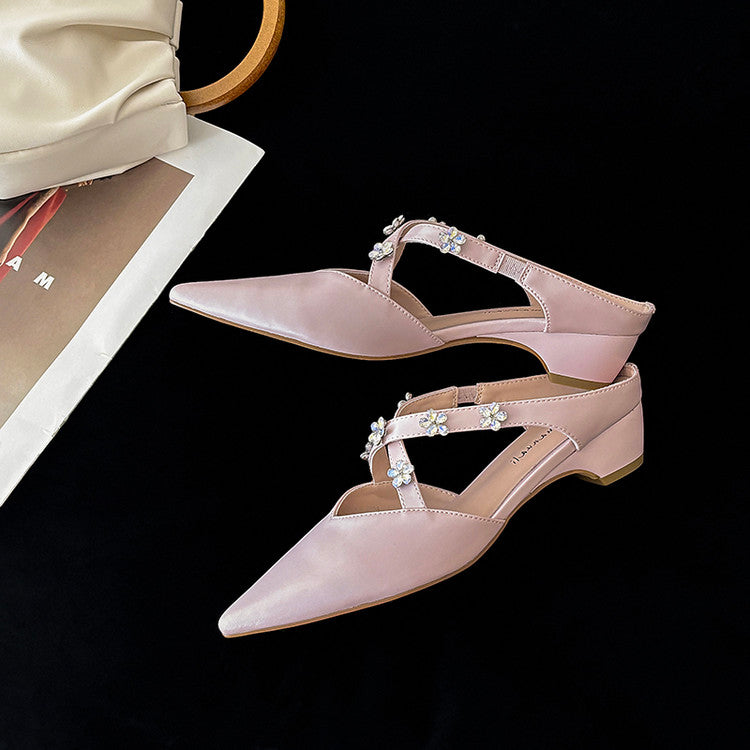 Karin Luna Elegant Pointed Toe Rhinestone Flower High Heel Mules