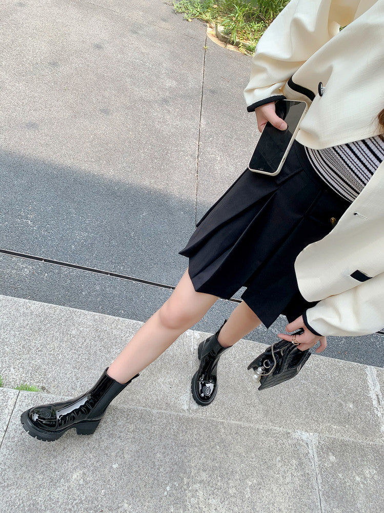 Karin Luna In Stock Spot Goods  Classic Embroidered Camellia Round Toe Thick Sole Chelsea Boots