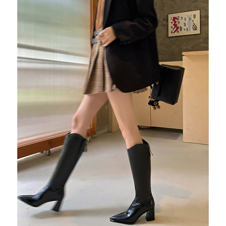Karin Luna In Stock Spot Goods Elegant Pointed Toe Chunky Heel v Metal Toe Full Cowhide Long Boots