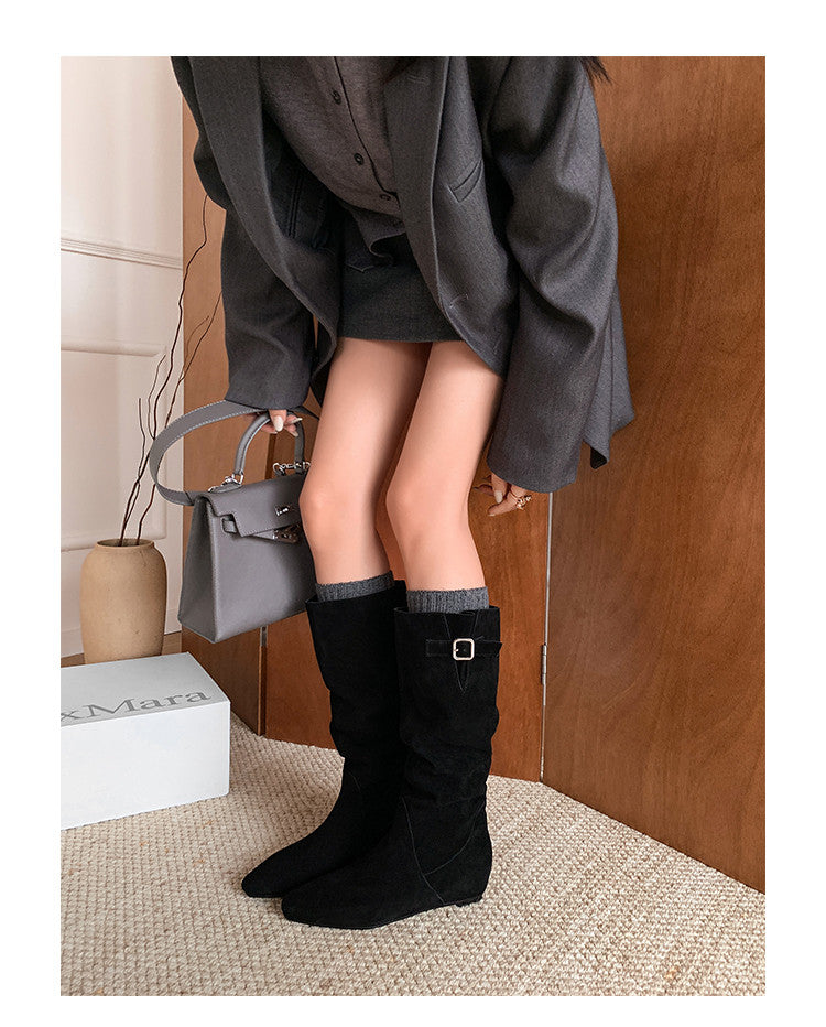 Karin Luna In Stock Spot Goods Vintage Cowhide Leather Chunky Heel Height Increasing Long Boots