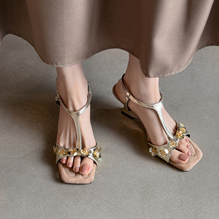 Karin Luna Hot-Selling Sequin Floral Series ~  Square Toe Irregular Heel Square Toe Sandals