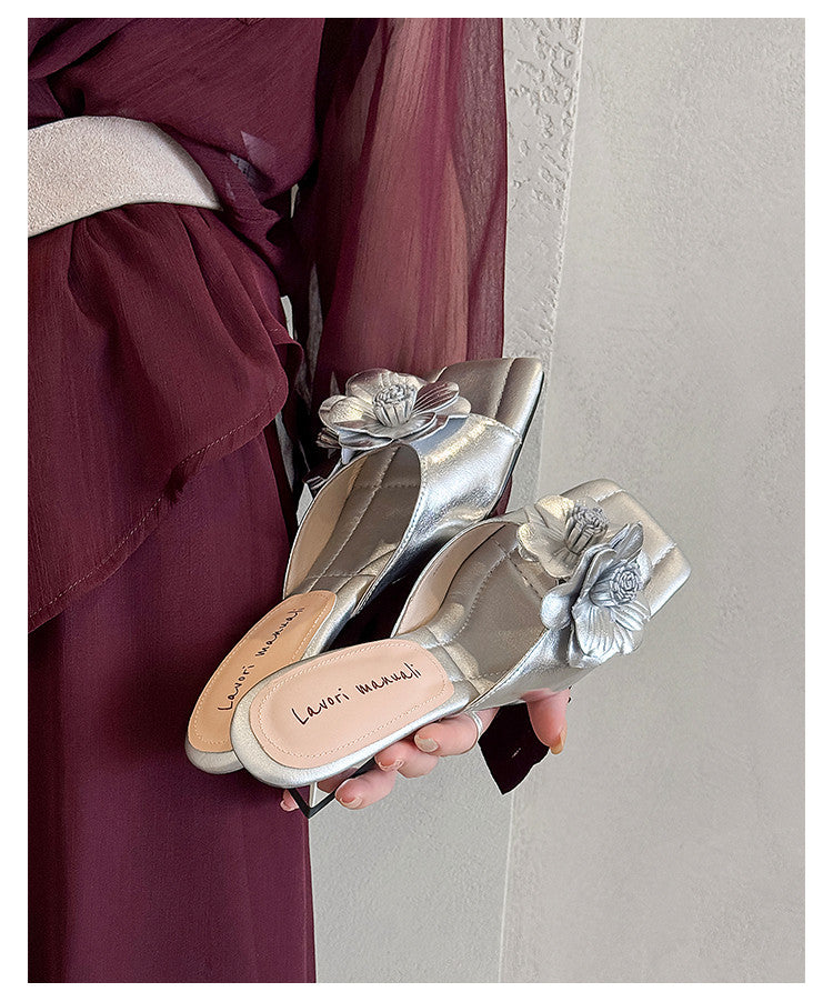 Karin Luna In Stock Spot Goods Camellia Classic style retro square toe shaped heel slippers