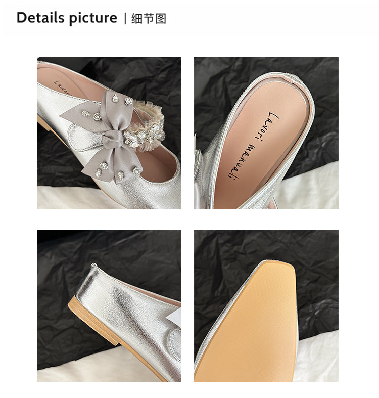 Karin Luna Handmade One-Strap Rhinestone Ribbon Square-Toe Mules