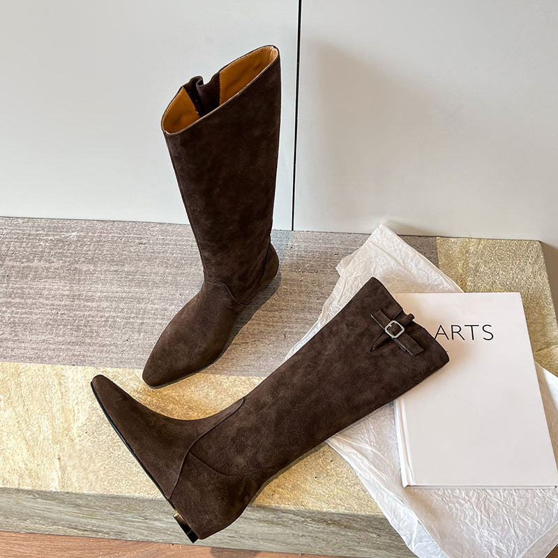 Karin Luna In Stock Spot Goods Vintage Cowhide Leather Chunky Heel Height Increasing Long Boots