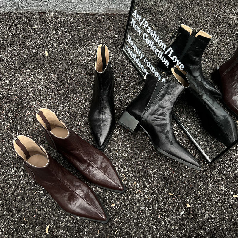 Karin Luna In Stock Spot Goods Elegant Stretch Fabric Patchwork Pointed Toe Chunky Heel Short Boots